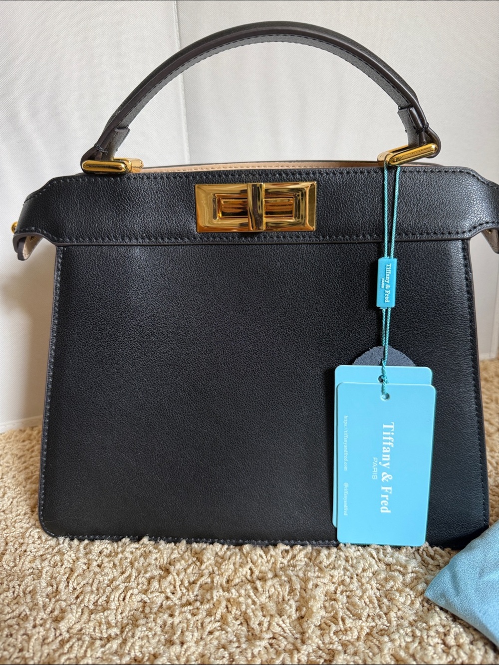 Tiffany & Fred Black Leather Top-Handle Satchel with Gold Hardware